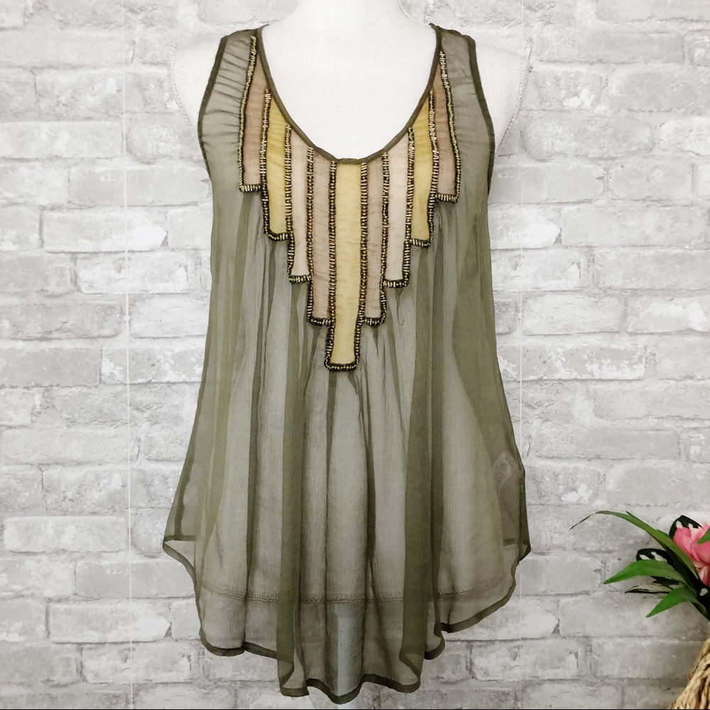 NWOT GREYLIN 100% Silk with Bead Detail Sheer Tank Top in Olive Green Size Small